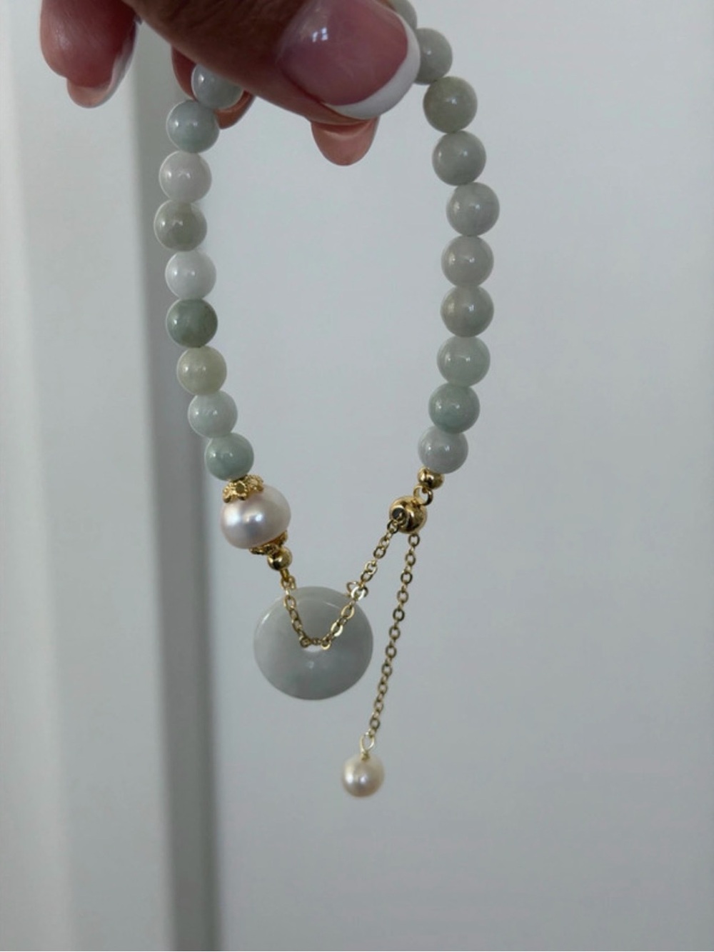 Green Jade Bead Bracelet with Freshwater Pearl and Donut Charm Gemstone Bracelet